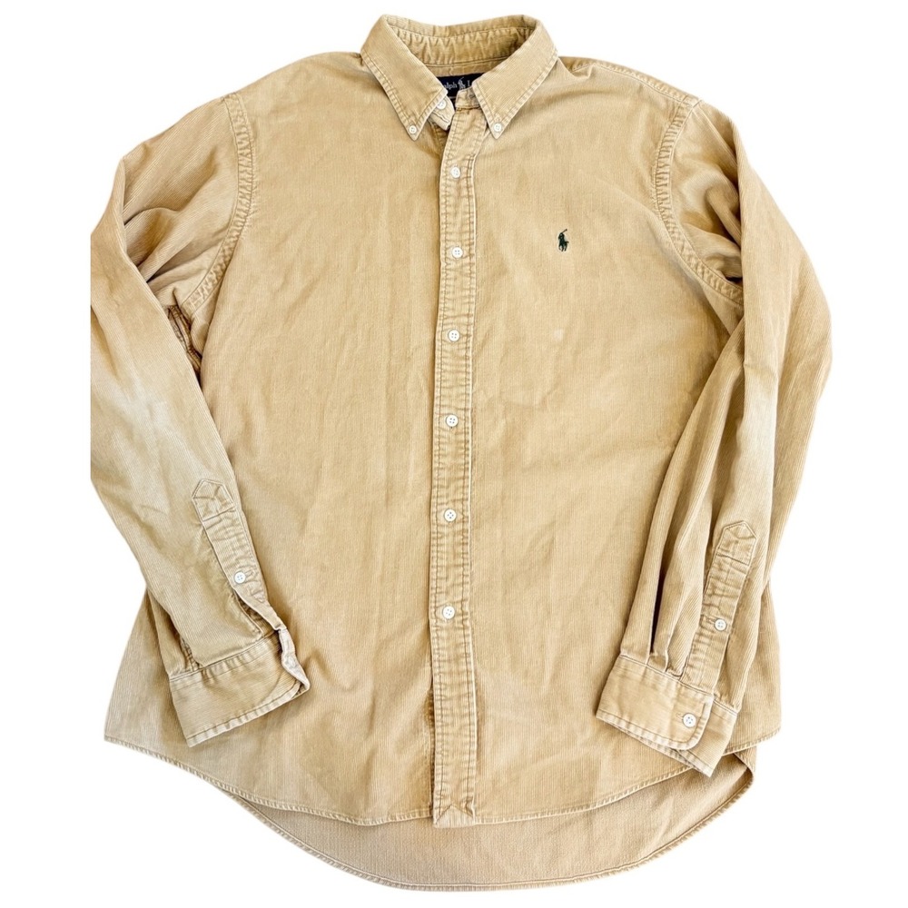 Vintage Ralph Lauren Corduroy Tan Button Down Shirt Mens XL Custom Fit 90s